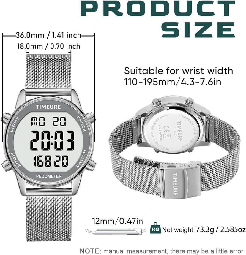 Women's Step Counter Pedometer Watch with Stainless Steel Bracelet, Stylish Design, No App, No Charging Needed for Step, Calorie, Distance, Alarm, Countdown Timer,TU-2401