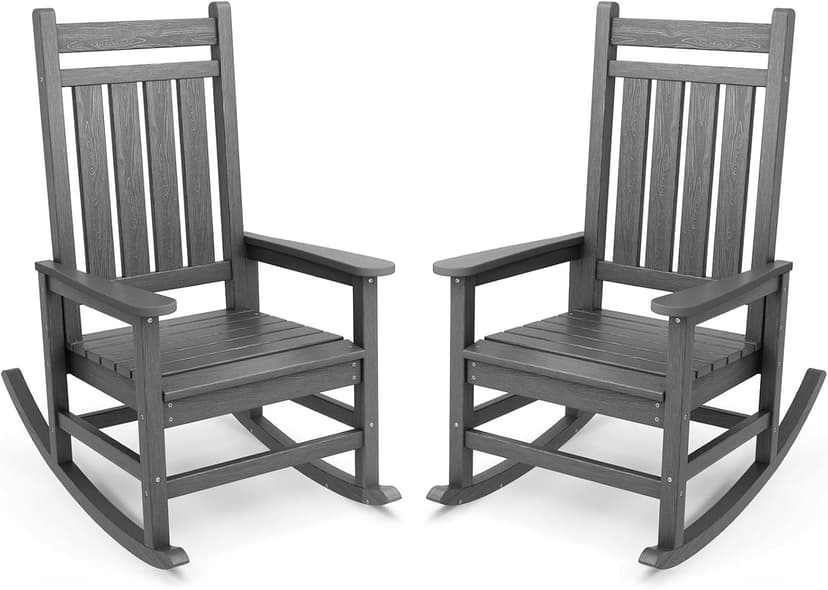 SERWALL Outdoor Rocking Chair Set of 2, HDPE Rocking Chairs for Adult, All Weather Porch Rockers for Lawn Garden, Grey