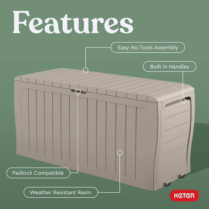 Keter Marvel Plus 71 Gallon Resin Outdoor Storage Box for Patio Furniture Cushions, Throw Pillows, Garden Tools and Pool Floats, Beige