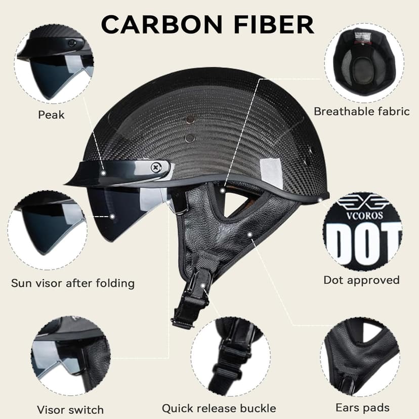 VCOROS Carbon Fiber Open Face Retro Motorcycle Helmets Men Women Half Face Helmets for Motorbike Cruiser Chopper Moped Scooter ATV (Gloss Black, L)