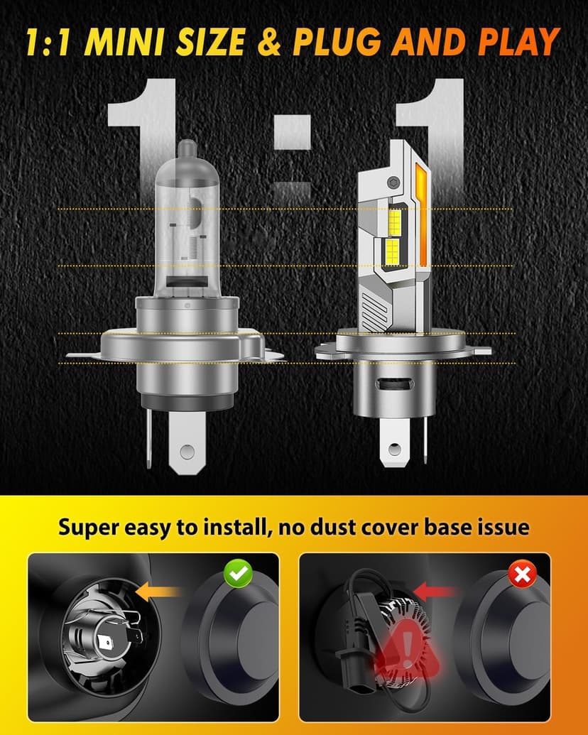Termitor Upgraded H4/9003/HB2 Bulbs, 50,000LM 10X Ultra Bright, Real 1:1 Mini Size, 6500K Cool White H4 9003 Fog Lights Bulb with Cooling Fan, IP68 Waterproof, Plug and Play, Pack of 2