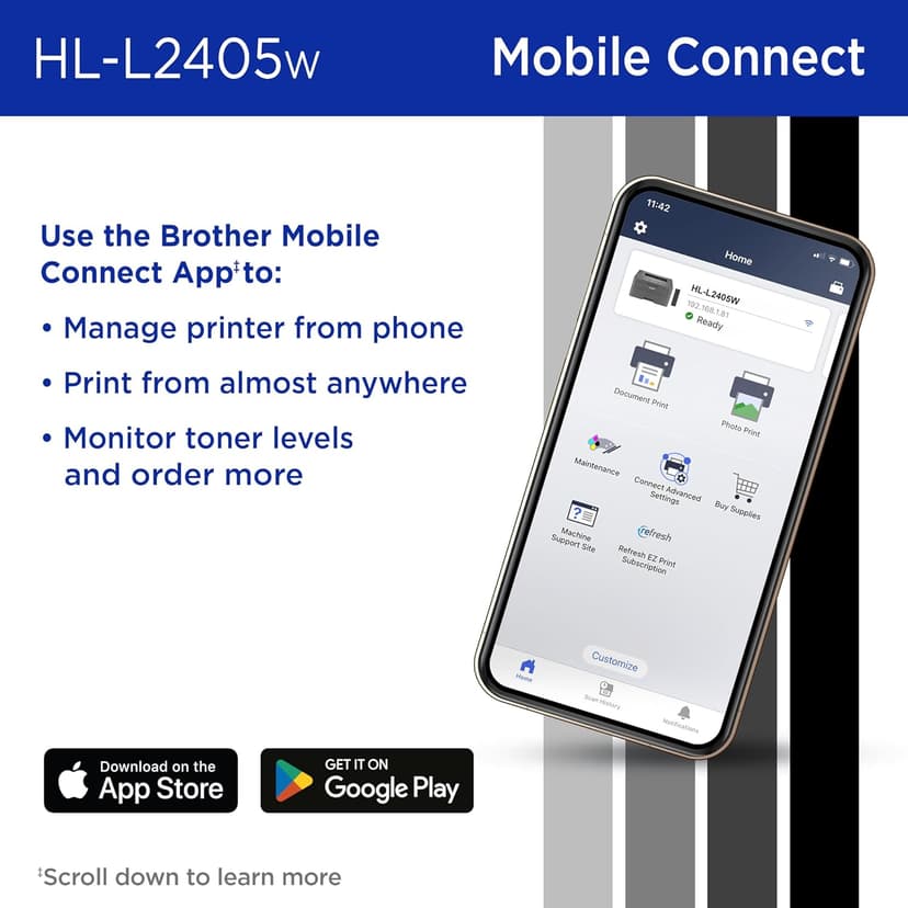 Brother HL-L2405W Wireless Compact Monochrome Laser Printer with Mobile Printing, Black & White Output | Includes Refresh Subscription Trial(1), Works with Alexa