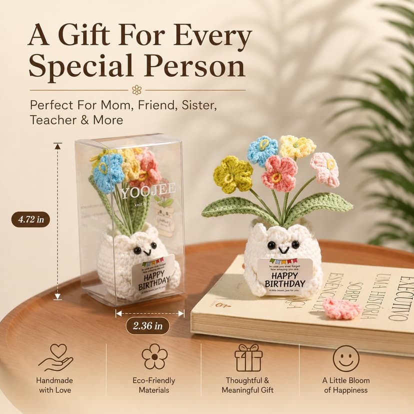 Happy Birthday Message Card, Cute Colorful Handmade Keepsake, Gift for Her, Mom, Best Friend, Sister, Coworker, 4.7 × 2.4 In Crochet Forget Me Not Flower Pot Birthday Gifts for Women B0GXV6J1ZG