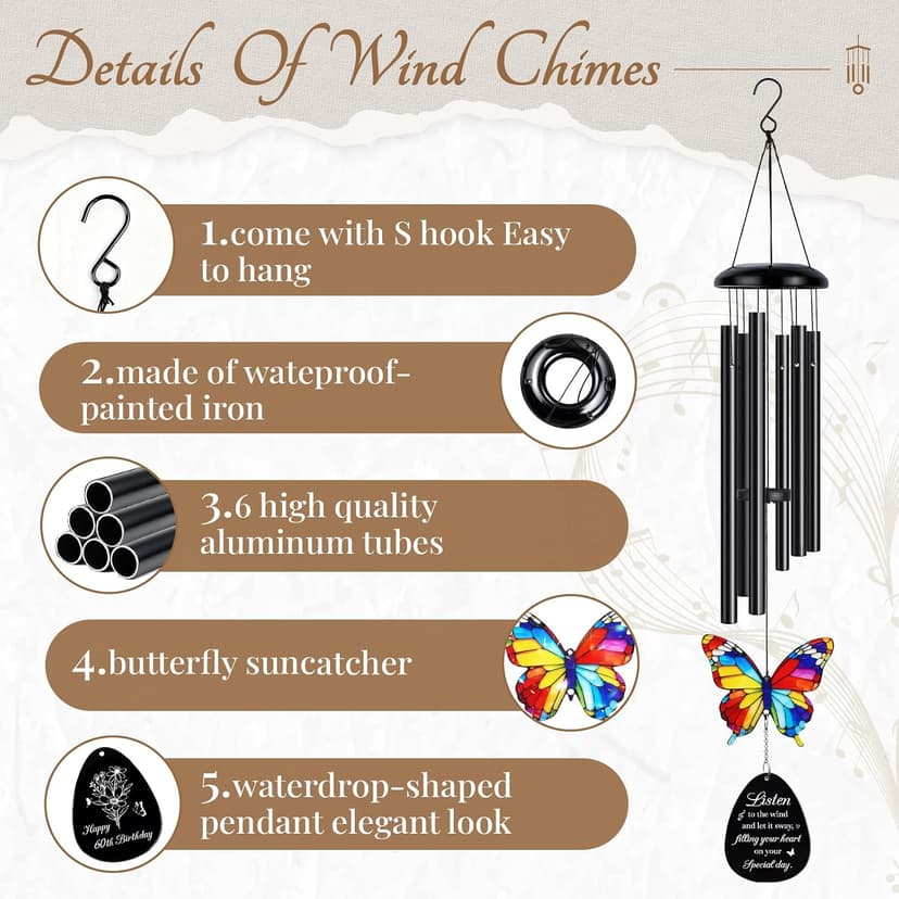 60th Birthday Gifts for Women, 60th Birthday Gifts, 60 Year Old Gift for Woman, Happy 60 Bday Decorations for Women Men, Presents for 60 Year Old Woman Grandma, Mom, Wind Chimes B0G2B9WNXT
