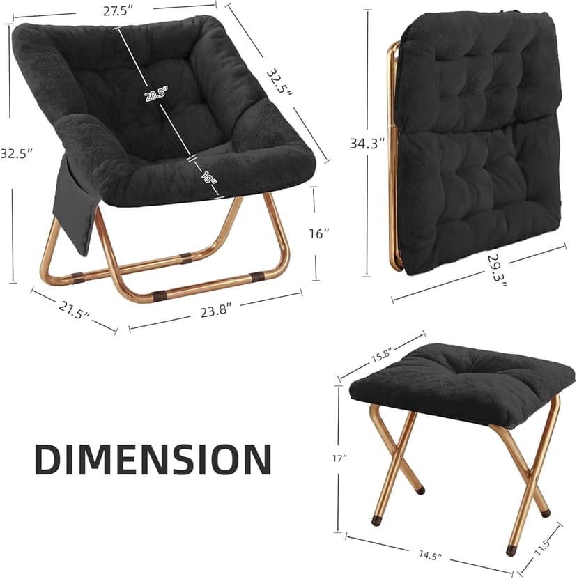 Kasunpul Comfy Saucer Chair, Foldable Living Room Chairs, Soft Faux Fur Lounge Chair for Bedroom, Reading Chairs for Adults,Teens, X-Large (Black)