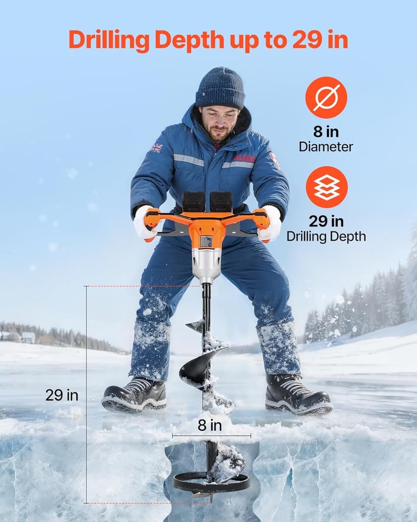 VEVOR 20V/40V Electric Ice Auger, 8 inch Diameter, 2 in 1 Battery Powered Ice Fishing Augers and Earth Auger Combo with Top Plate, Turbo High-Speed Cutting System and Blade Guard