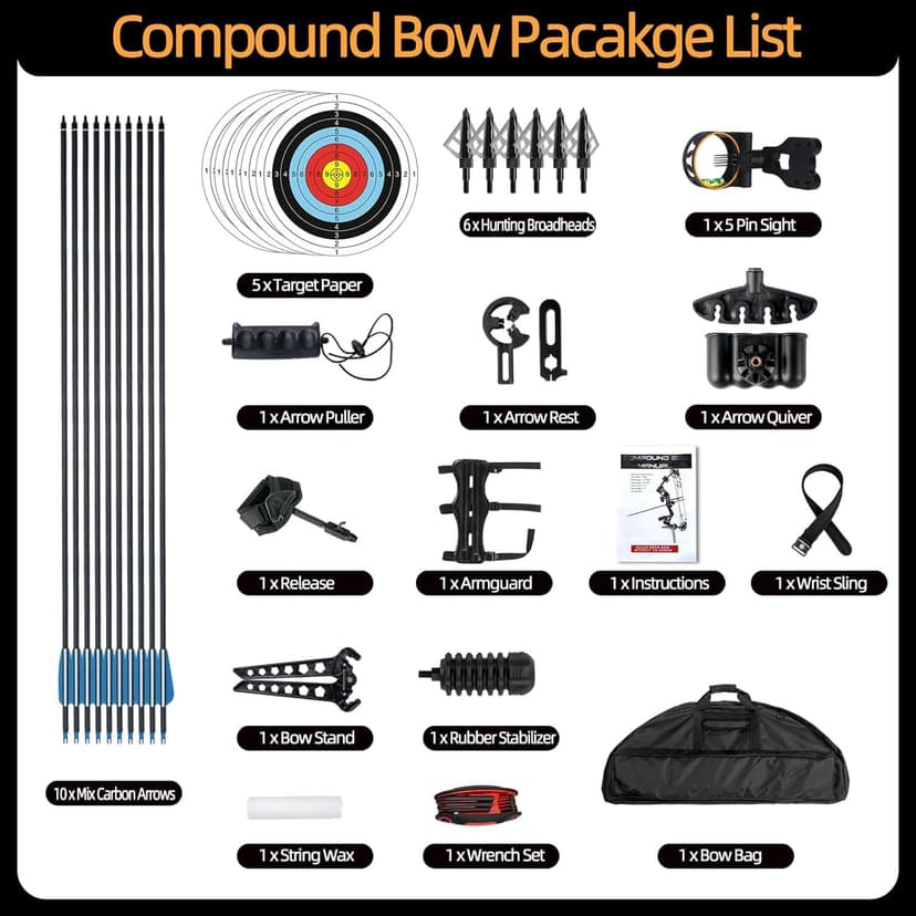 Compound Bow and Arrow Set 30-70 lbs for Adult, Adjustable Hunting Compound Bow Archery with Limbs Made in USA, Right Hand, 18”-31”, up to IBO 320 fps