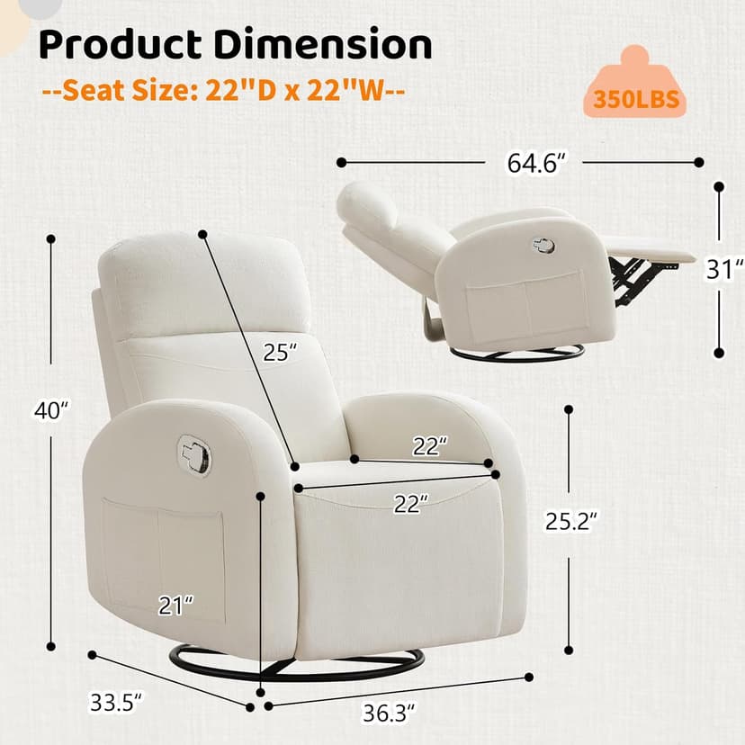 Rocking Recliner Nursery Chair, Swivel Recliner Glider for Nursery with 2 Pockets, Reclining Rocking Chair, Manual Recliners for Living Room, Bedroom, Cream White Chenille