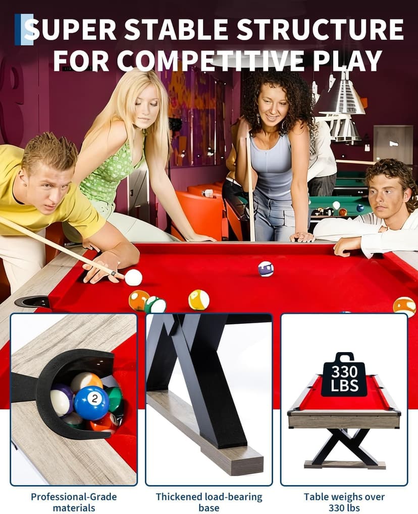 7 FT Pool Table, Complete Set with 2 Cues, 16 Balls, 2 Chalks, Triangle, Brush, K-Leg Construction, Adult Billiard Table for Home, Professional Black Cloth, Rustic Grey Finish, 84 L x 46 W x 32 H Inch