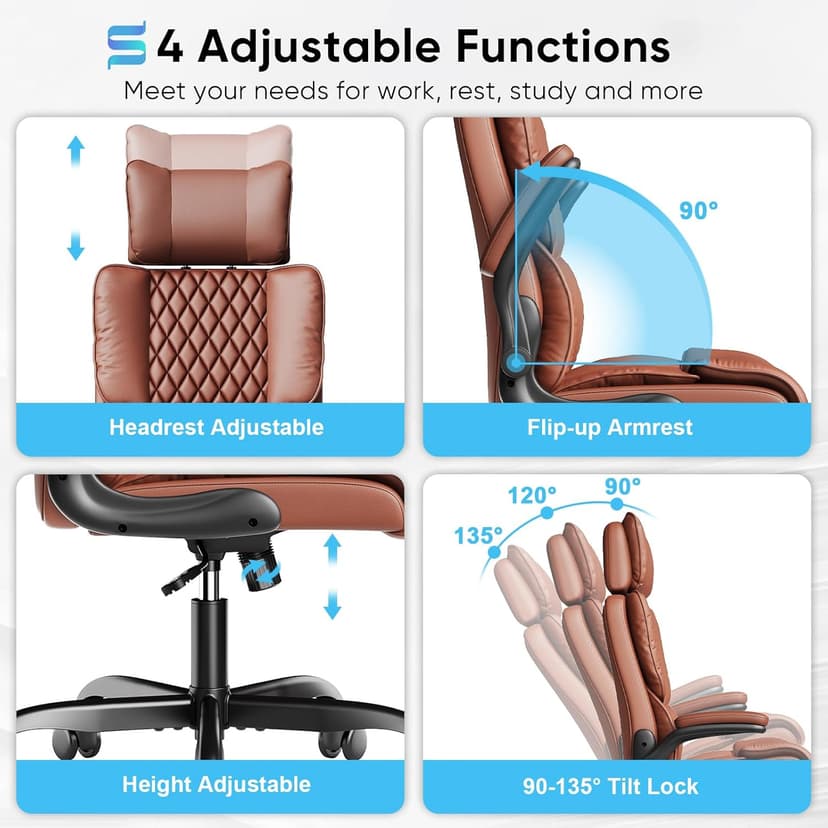 Sytas Executive Office Ergonomic Chair with Adjustable Headrest, PU Leather Desk Chair, High-Back Swivel Task Chair for Home Office, 135° Reclining, Brown