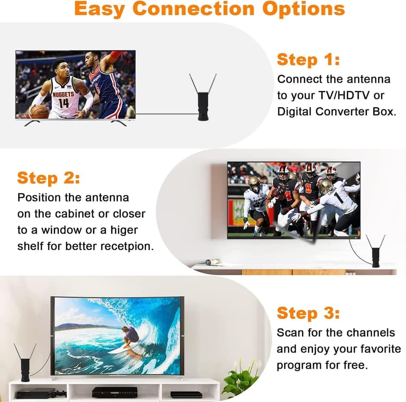Bsadne Smart Indoor TV Antenna - Long Range Rabbit Ears, Cable-Free Digital HDTV Channels, Stickiness Base for Easy Placement in Both Home and Car
