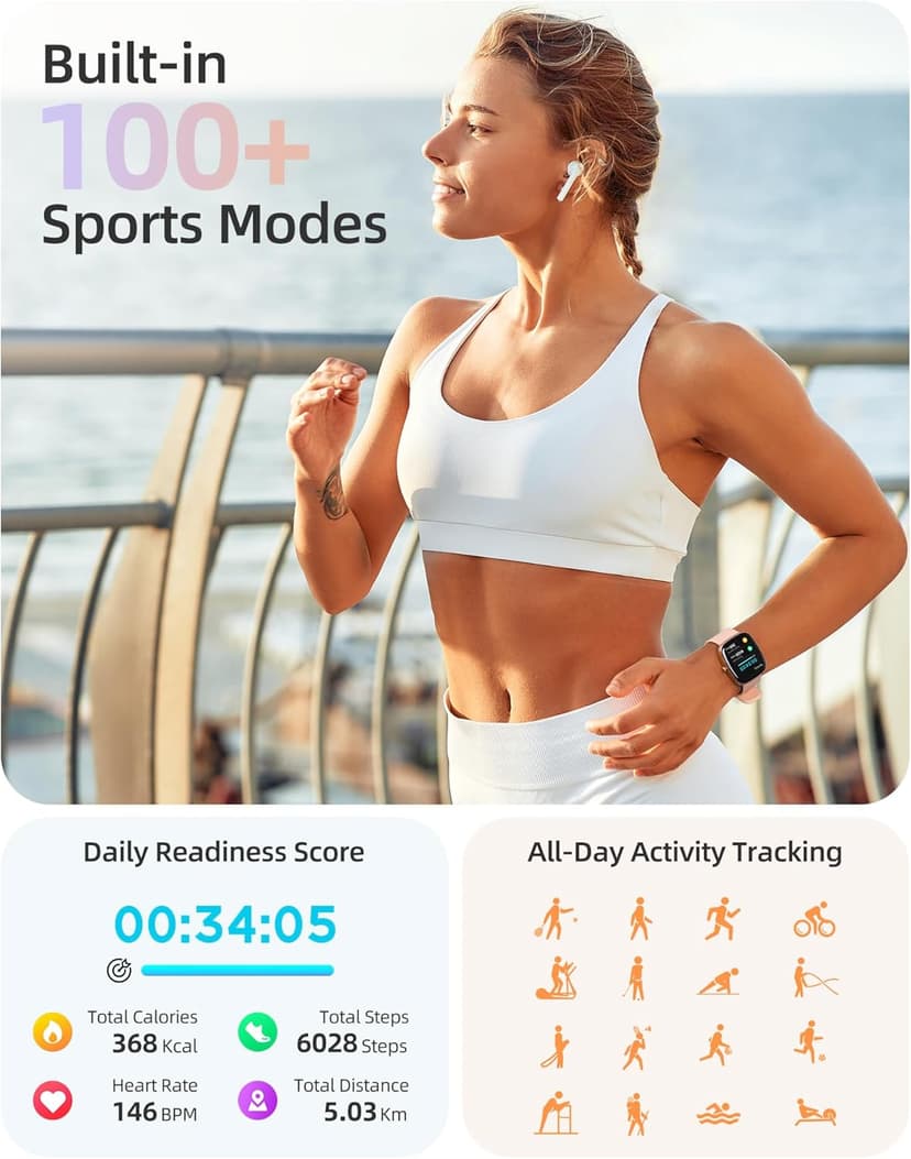 Parsonver Smart Watch for iOS and Android Phones(Answer/Make Calls), HD Screen Watches for Women, IP68 Waterproof Fitness Tracker Watch with Heart Rate Sleep Monitor, Steps Calories Counter, Rose Gold