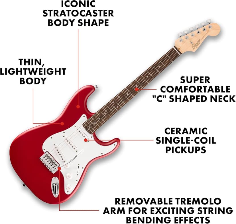 Fender Squier Debut Series Stratocaster Electric Guitar, Beginner Guitar, with 2-Year Warranty, Includes Free Lessons, Dakota Red with Matte Finish