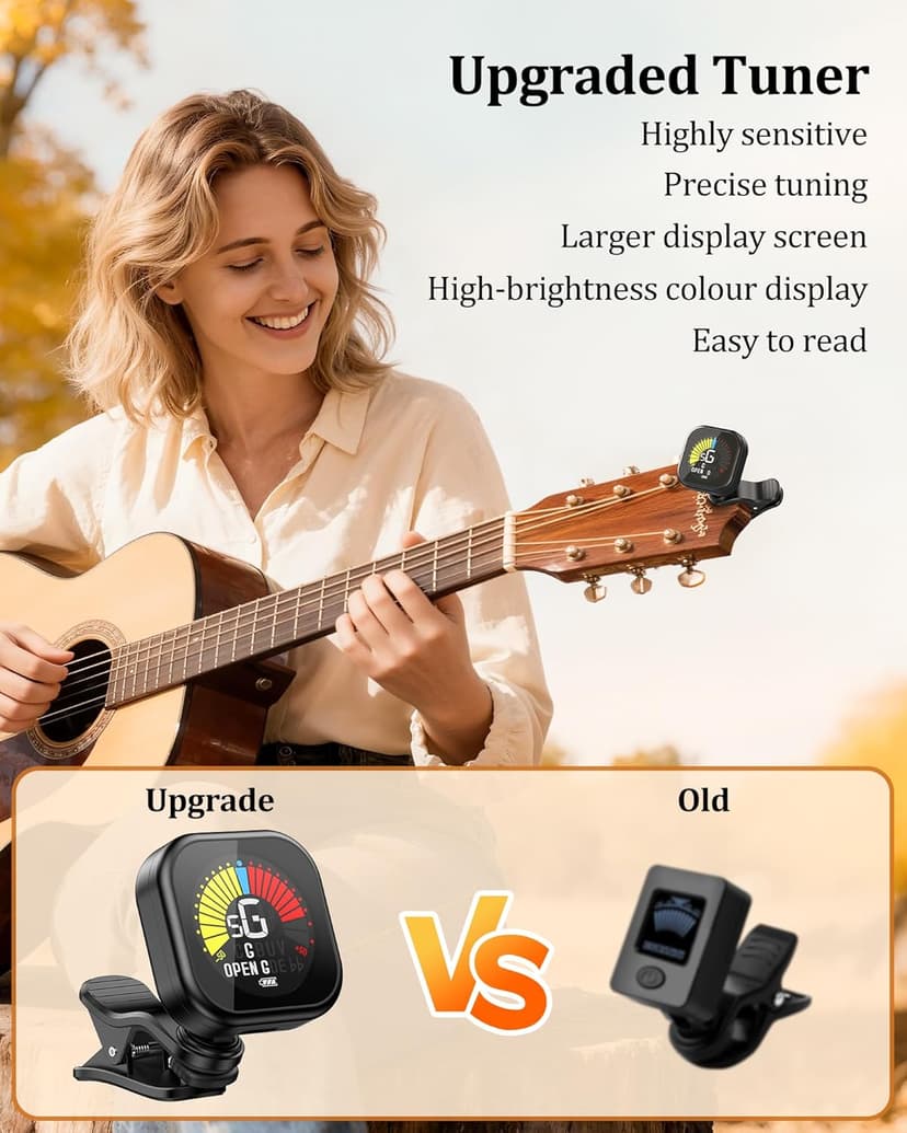 New Bee Guitar Tuner Clip-On Rechargeable with Color Screen 360° Rotatable Acoustic Chromatic Open Tuning for Guitar, Bass, Ukulele, Violin, Cello(Black, 1 Pack)