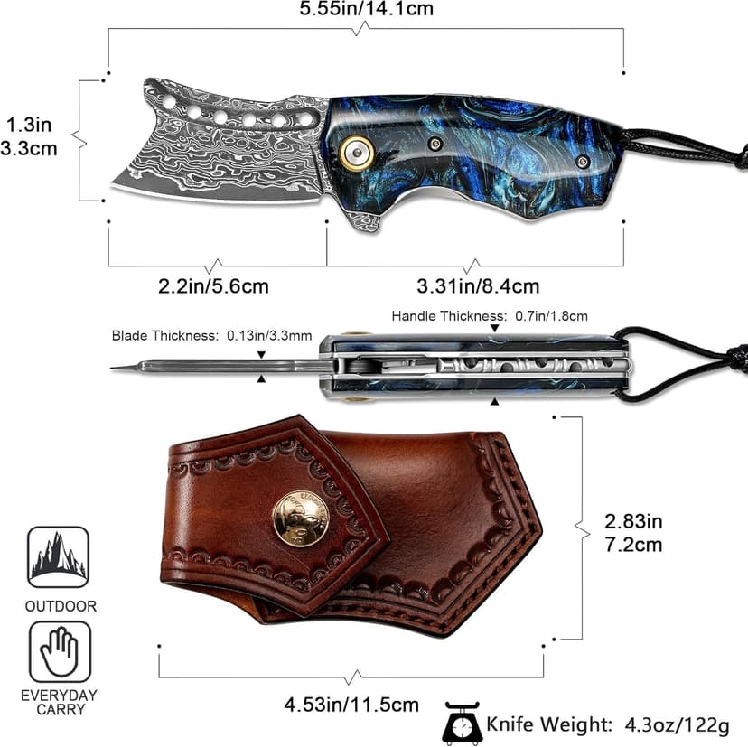 VNLA Handmade VG10 Damascus Steel Folding Pocket Knife - 2.2-Inch Blade, Liner Lock, One-of-a-Kind Random Resin Handle, Cowhide Sheath - Premium Men's EDC Gift for Outdoor Enthusiasts