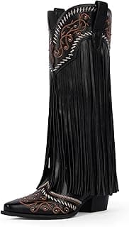 Modatope Cowboy Boots for Women Fringe Knee High Boots Embroidered Cowgirl Western Pointed Toe Chunky Heel Slip on Wide Calf Cowboy Boots