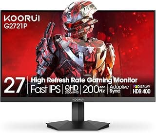 KOORUI 27" Gaming Monitor, 200Hz 1ms Fast IPS, WQHD (2560 x 1440p) HDR 400 Display, DCI-P3 95% Color Gamut, FreeSync Premium, Adaptive G-Sync, HDMI x 2, DisplayPort, G2721P
