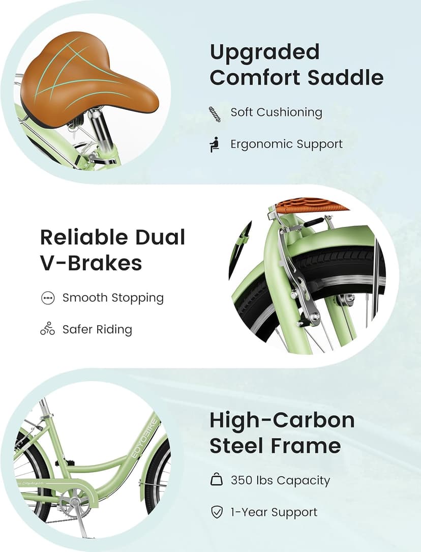 MOONCOOL Womens Bike 7 Speed, 24 26 inch Beach Cruiser Bikes for Women, Step Through Adult Bicycle with Front Basket for City Commuting