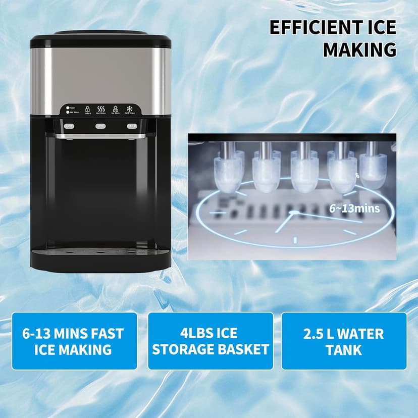 TABU 3-in-1 Countertop Water Dispenser&Ice Maker with 3 Temp Settings, 44LBS/24H, 4LBS Storage, Top-Loading, for 3-5 Gallon Bottles
