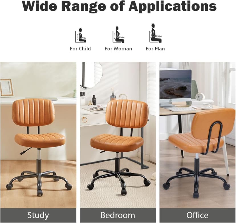 DUMOS Armless Home Office Executive Chair - Small Desk Chair with Low Back Lumbar Support, Height Adjustable PU Leather Computer Task Chair with 360° Swivel Wheels, for Adults, Brown