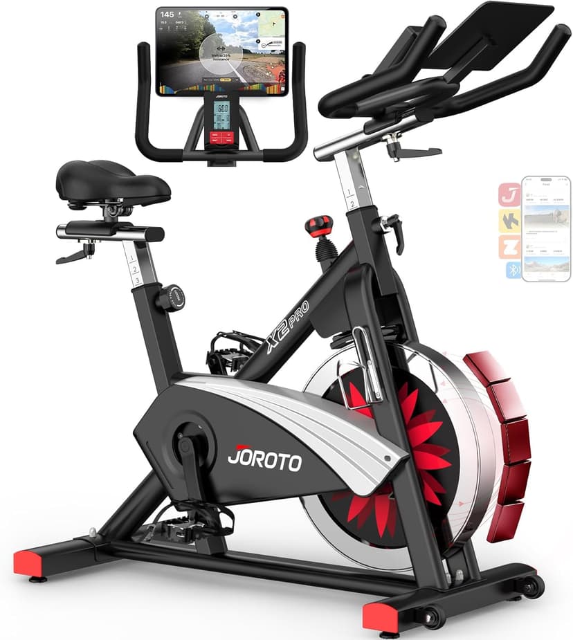 JOROTO Exercise Bike, Magnetic Stationary Bikes for Home with 40LBS Flywheel, App Supported Indoor Bike with 350LBS Weight Capacity, Low Noise,Digital Monitor,Bottle and Tablet Holder