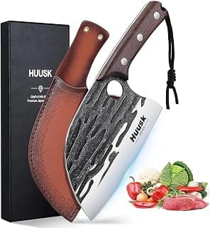 Heavy Duty Serbian Chef Knife for Meat & Bone Cutting, Full Tang Ergonomic Wood Handle, BBQ Camping Gift for Men & Dad Huusk Meat Cleaver Knife with Sheath, Hand Forged Chopping Butcher Knives B0BCVZGPVM