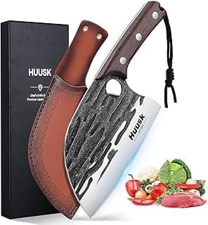 Heavy Duty Serbian Chef Knife for Meat & Bone Cutting, Full Tang Ergonomic Wood Handle, BBQ Camping Gift for Men & Dad Huusk Meat Cleaver Knife with Sheath, Hand Forged Chopping Butcher Knives B0BCVZGPVM