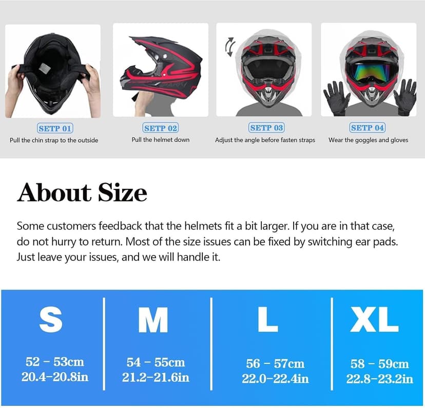 DOT Approved Youth Kids Motocross Helmet - Ultra-Lightweight Full Face Dirt Bike/ATV Helmet with Goggles, Gloves & Face Shield (4-Piece Set)