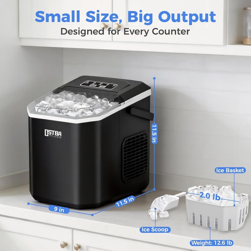 OSTBA Countertop Ice Maker Machine, Portable Ice Maker Makes 9 Bullet Ice Cubes in 6 Minutes, 26Lbs/Day Ice Makers Countertop with Self-Cleaning, Compact Mini Ice Maker for Home Kitchen RV Party