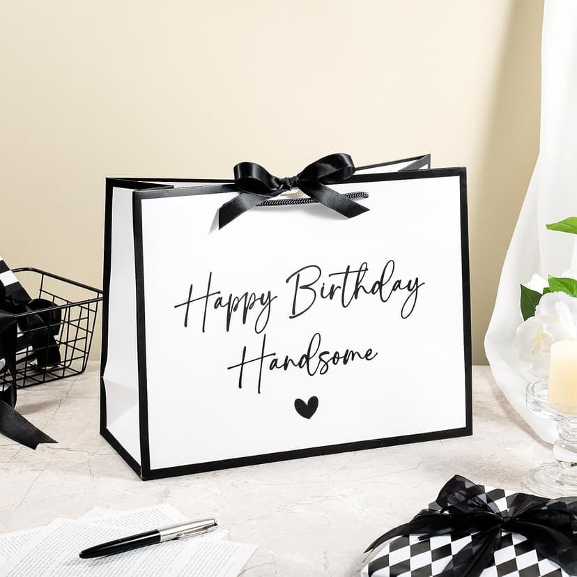 Loveinside 13" Large Birthday Gift Bag, White & Black Happy Birthday Handsome Elegant Script Design Party Bag with Bow Ribbon for Men, Husband, Boyfriend, Party Gift, 13" x 5" x 10", 1 Pcs B0GGZD2DT9