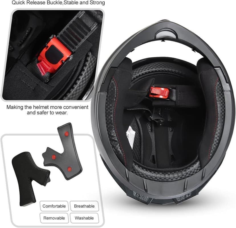 SPARK DOT Approved Modular Flip-Up Dual Visor Motorcycle Full Face Helmet for Adults Men & Women (Carbon Fiber, Large)