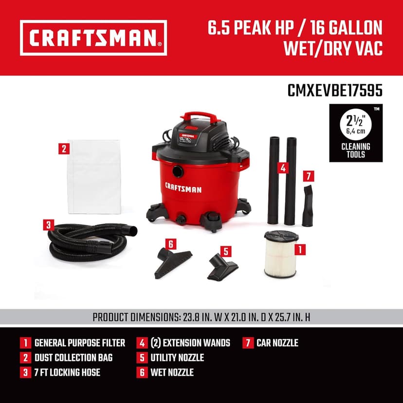 CRAFTSMAN CMXEVBE17595 16 Gallon 6.5 Peak HP Wet Dry Vac, Heavy-Duty Shop Vacuum Wet and Dry with Filter, Dust Bag, Hose and Attachments for Home Projects & Renovations
