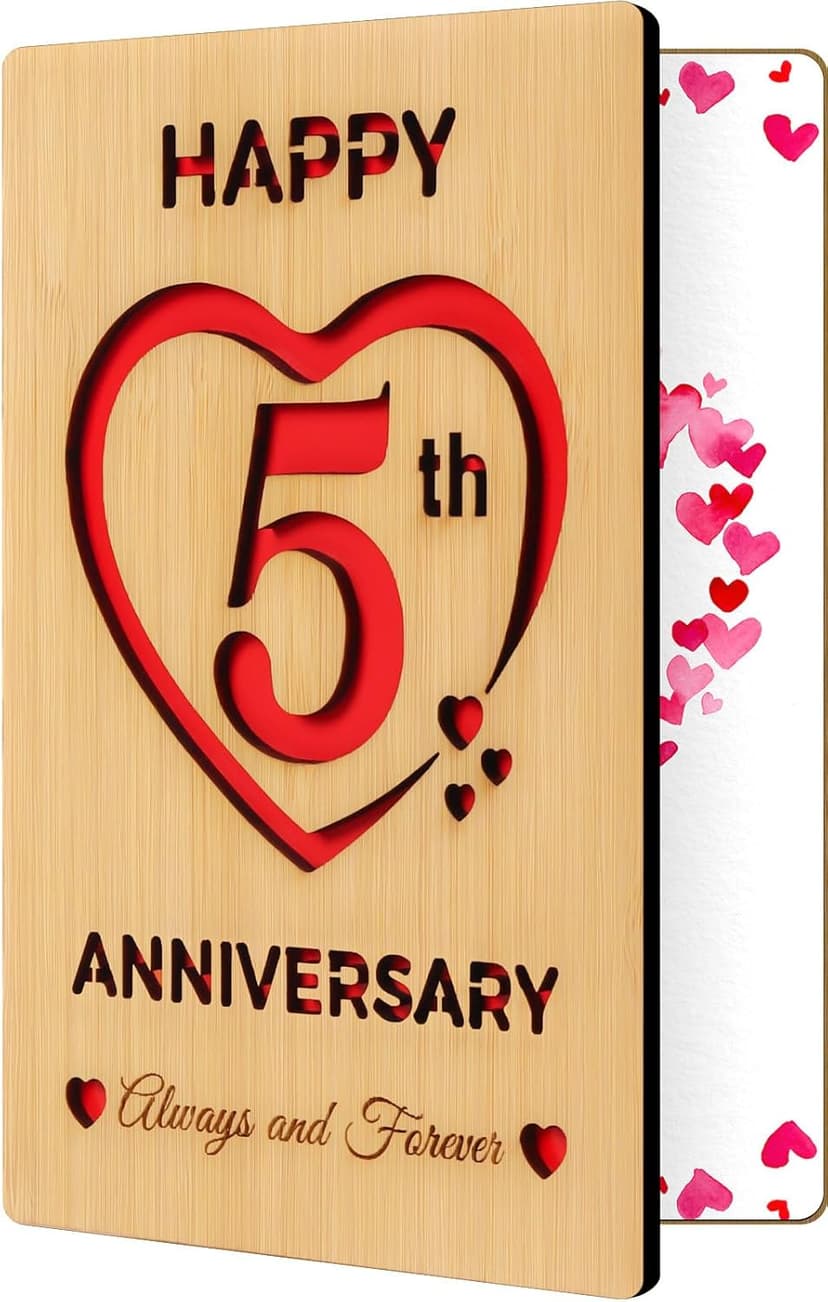 5 Year Marriage Anniversary Card Gifts for husband Wife, Wooden Happy 5th Anniversary Card for Her Him, Always and Forever Fifth Wood Wedding Cards for Men