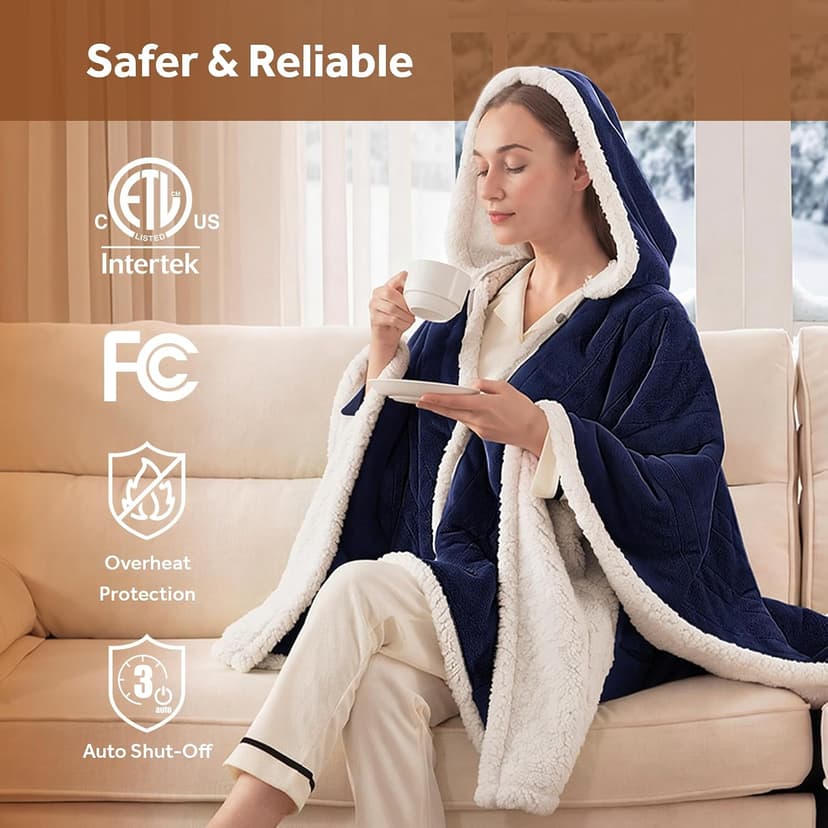 Electric Shawl Wrap with Pockets, Wearable Heated Poncho Hoodie with 6 Heating Levels & 2-10 Hours Auto Shut Off, Home Office Westinghouse Wearable Heated Throw Blanket Flannel Sherpa 50x60 Inch Navy B0CSS5PQ42