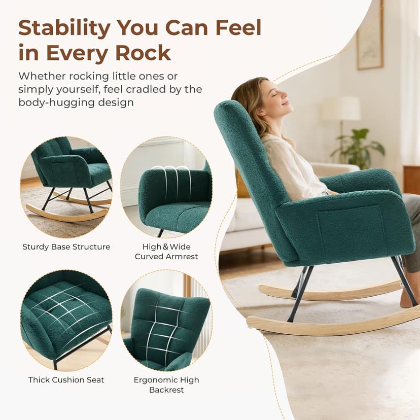DUMOS Nursery Rocking Chair Teddy Upholstered, Comfy Glider Rocker with High Backrest Armchair Padded Seat, Accent Side Chair for Living Room Bedroom Offices Small Spaces Indoor, Green