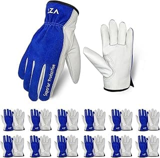 VZT 12 Pairs Bulk Winter Leather Work Gloves for Men or Women for Construction, Wood cutting, Driving, Water Resistant, Keep warm, Soft, Cowhide, Class 4 Abrasion Resistant, Blue-White, XL