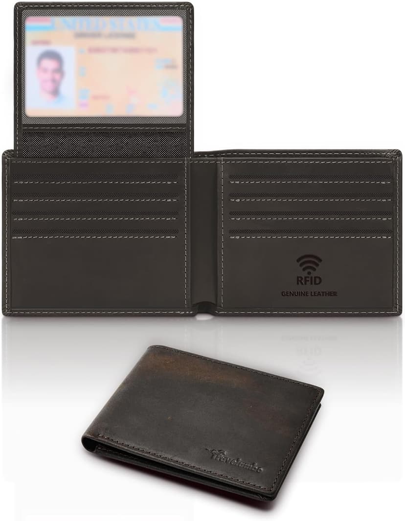 Travelambo Genuine Leather Wallet for Men with Gift Box - Handmade Bifold Stylish - Mens Wallets Rfid Blocking with 2 ID Windows