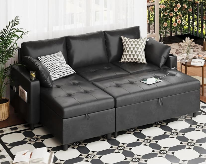 JFHID Leather Sleeper Sofa Couch with Pullout Bed, 80'' Sofa Bed with Storage Chaise, Pull Out Couch with USB&Cup Holders, L-Shaped Convertible Couches for Living Room-Faux Leather, Black