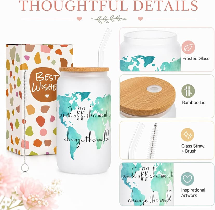 Frerdui Graduation Gift for Her – And Off She Went to Change the World 16oz Glass Cup, Cute Grad Gift for College High School Graduate, Grad Gift for Daughter Niece Granddaughter Friend B0GTY7QRB9