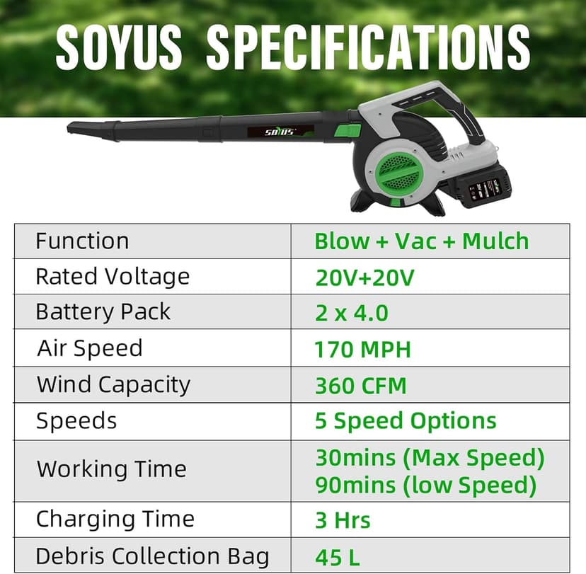 Cordless Leaf Blower & Vacuum SOYUS 3in1 Leaf Vacuum Mulcher 40V 360CFM 5 Speeds Brushless Battery Operated Leaf Blower for Lawn Care with 45L Bag 2 x 4.0Ah Battery and Charger Included