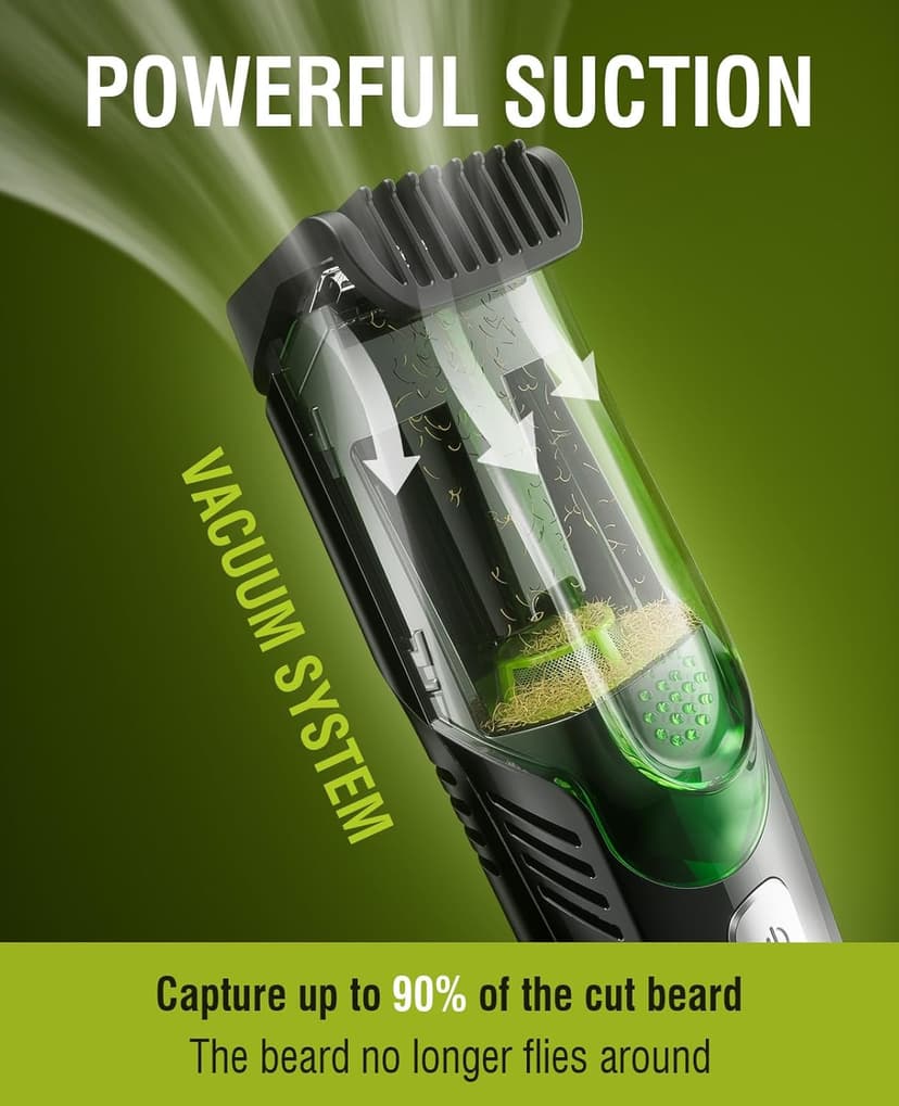 SHPAVVER Beard Trimmer for Men: Vacuum Mustache Trimmer for Less Mess -IPX7 Waterproof- Rechargeable Electric Beard Cutting Kit with Adjustable Length Comb-Built-in Vacuum for Sideburns/Stubble