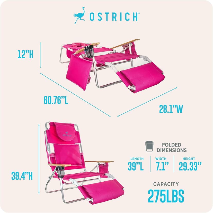 Ostrich the Deluxe 3N1 Lightweight Lawn Beach Reclining Lounge Chair with Footrest, Outdoor Furniture for Patio, Balcony, Backyard, or Porch, Pink