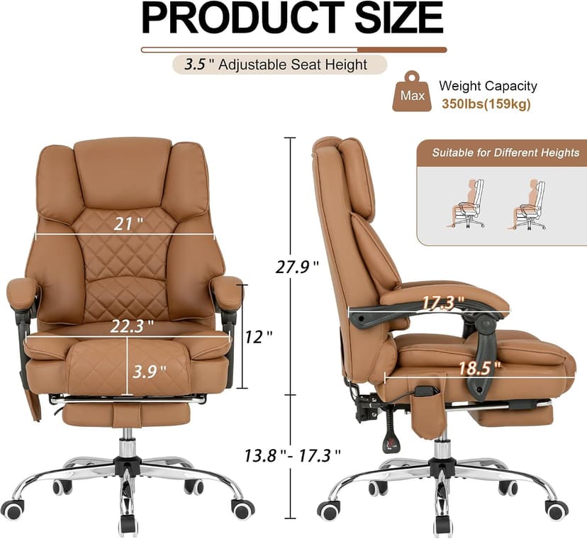 Kneading Massage Office Chair with Heated,90-135° Reclining Executive Office Chair with Footrest,Computer Desk Chair with Wheels,Diamond-Stitched Cushion Leather Office Chair,Brown