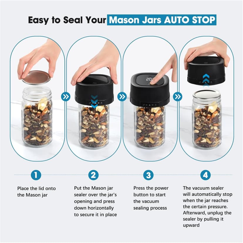 ZIWEO Mason Jar Vacuum Sealer Kit for Wide Mouth and Regular Mouth Mason Jars, Electric Vacuum Sealer with Suction Nozzle, 10 Lids and 1 Vacuum Bag, Compact and Auto Stop Design