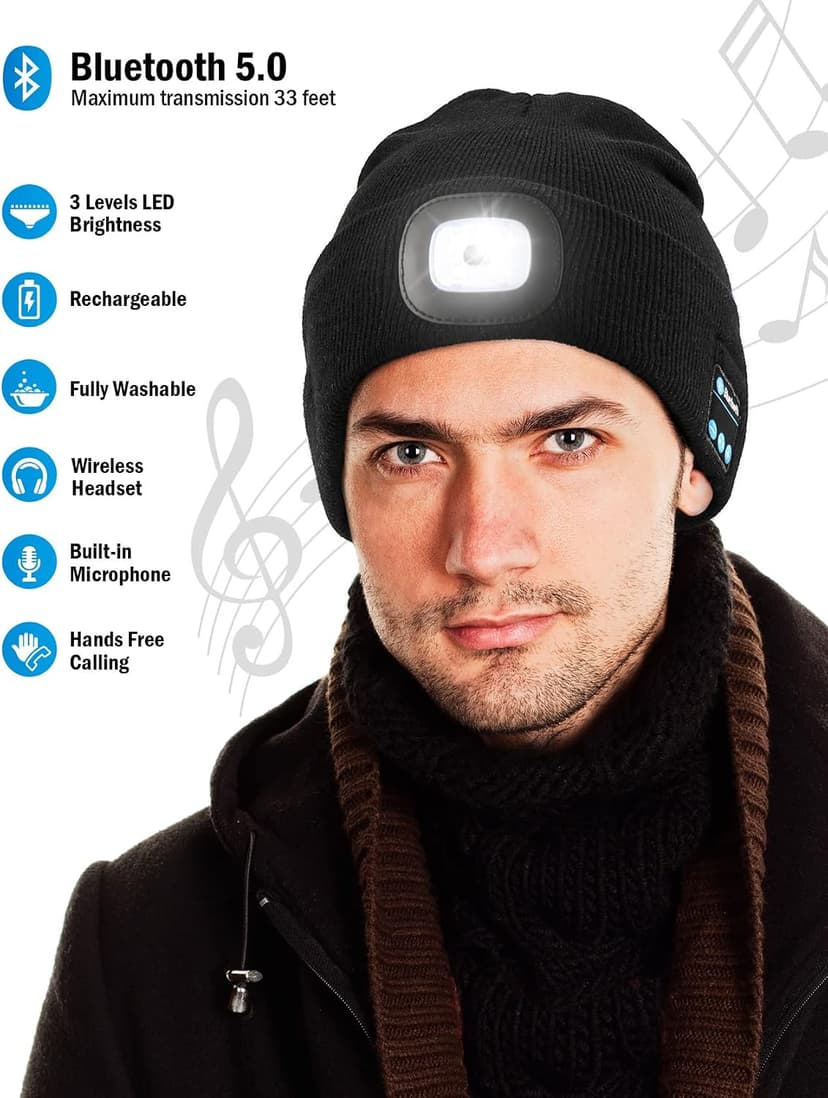 Bluetooth Hat with Light Cordless Headphones, USB Rechargeable, Hands-Free Headlamp For Dog Walking, Running, Outdoor Work Wmcaps Bluetooth Beanie with LED Light and Headphones, Christmas Tech Gifts B09DJVT3W3