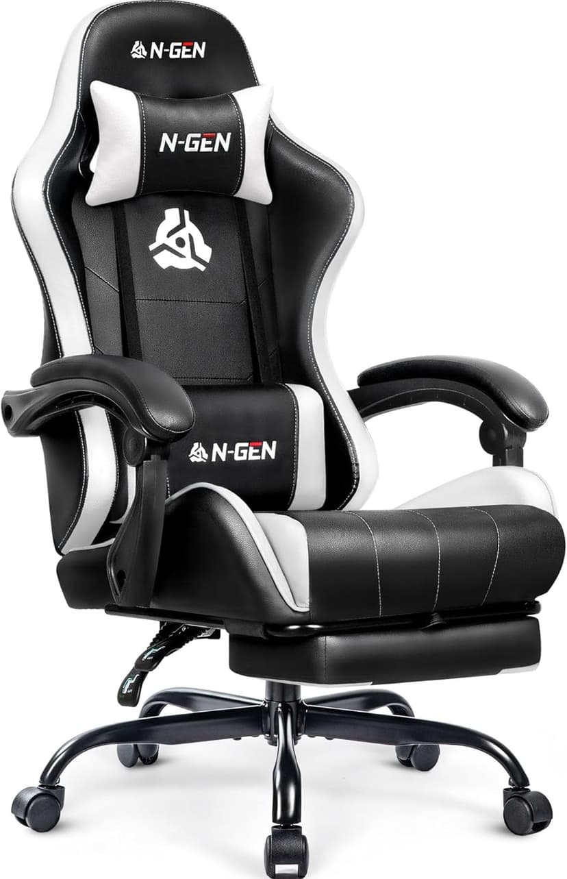 N-GEN GAMING Video Gaming Chair with Footrest Lumbar Support for Home Office High Back Recliner Height Adjustable Ergonomic Comfy Leather Computer Desk Chair (White)