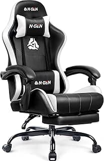 N-GEN GAMING Video Gaming Chair with Footrest Lumbar Support for Home Office High Back Recliner Height Adjustable Ergonomic Comfy Leather Computer Desk Chair (White)