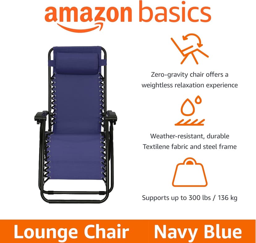 Amazon Basics Outdoor Portable Zero Gravity Reclining Lounge Chair with Headrest Pillow, Textilene, Lightweight, 26", Blue