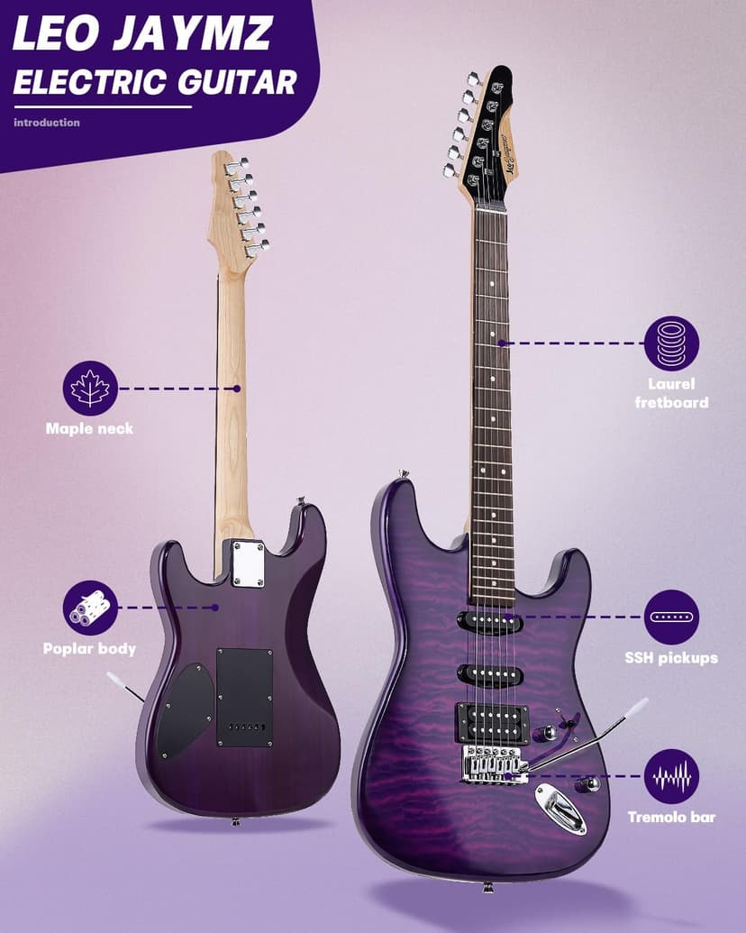 Leo Jaymz 39" Full Size ST Style Electric Guitar Starter Kit with SSH Pickup, 5W Portable Amp, Tuner, Gig Bag, Strap & Accessories (Violet Ocean)
