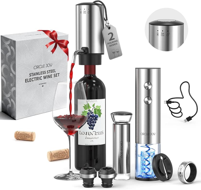 CIRCLE JOY Rechargeable Electric Wine Opener Set 8-in-1 Stainless Steel Automatic Wine Bottle Opener Gift Set w/Electric Wine Aerator Pourer, Foil Cutter, Wine Drip Ring, Vacuum Pump & 2 Wine Stoppers
